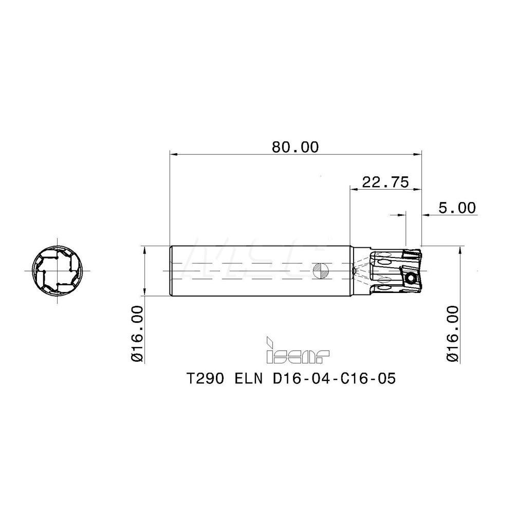 Iscar Indexable Square-Shoulder End Mill: T290ELND1604C1605, 16 mm Cut Dia, 5 mm Max Depth of Cut, 16 mm Dia Cylindrical Shank - 3105236