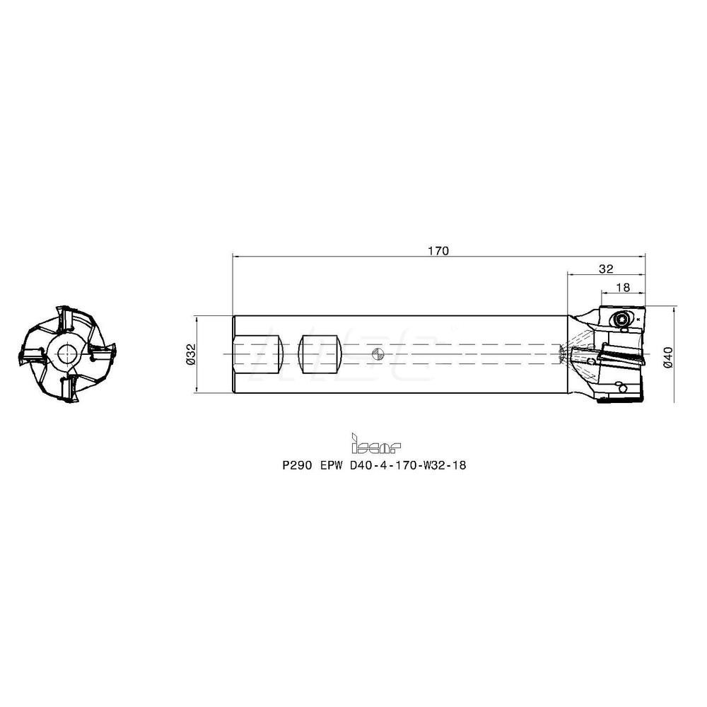 Iscar Indexable Square-Shoulder End Mill: P290EPWD404170W3218, 40 mm Cut Dia, 18 mm Max Depth of Cut, 32 mm Dia Weldon Flat Shank - 3110792