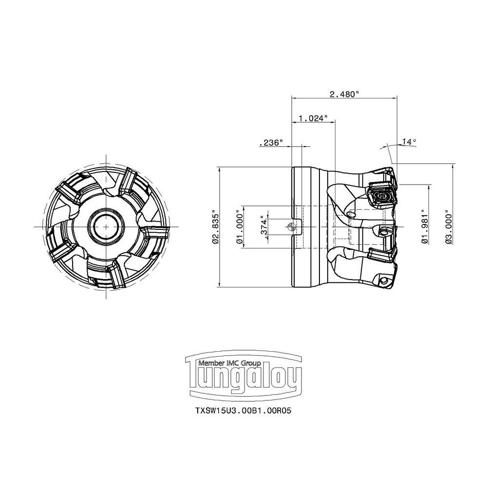 Tungaloy Indexable High-Feed Face Mill: 1.98 to 3" Cut Dia, 1" Arbor Hole - 6735330