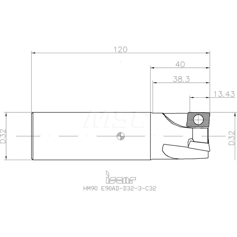 Iscar Indexable Square-Shoulder End Mill: HM90 E90AD-D32-3-C32, 32 mm Cut Dia, 14.3 mm Max Depth of Cut, 32 mm Dia Cylindrical Shank - 3101864