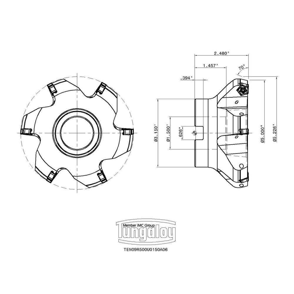 Tungaloy 5" Cut Dia, 1-1/2" Arbor Hole Dia, Indexable Square-Shoulder Face Mill - 6892223