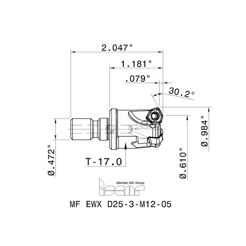 Iscar 30° Lead Angle, 0.6102" to 0.9843" Cut Dia, Indexable & Chamfer End Mill - 3106352