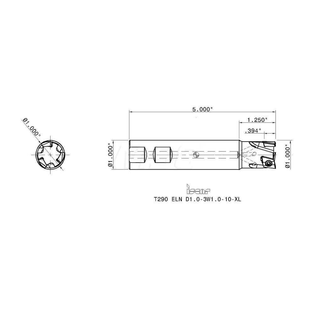 Iscar Indexable Square-Shoulder End Mill: T290ELND1.03W1.010XL, 1" Cut Dia, 0.394" Max Depth of Cut, 1" Dia Weldon Flat Shank - 3105341