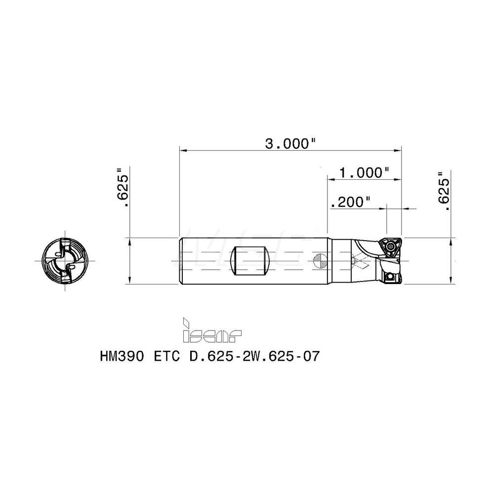 Iscar Indexable Square-Shoulder End Mill: HM390ETCD.625-2W625-07, 5/8" Cut Dia, 0.2" Max Depth of Cut, 5/8" Dia Weldon Flat Shank - 3106936