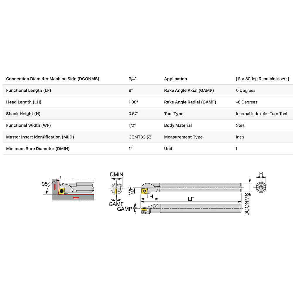 Tungaloy Indexable Boring Bar: S12-SCLCR3, 1.0000" Min Bore, Right Hand, 95 deg Lead, Steel (Shank) - 6805981