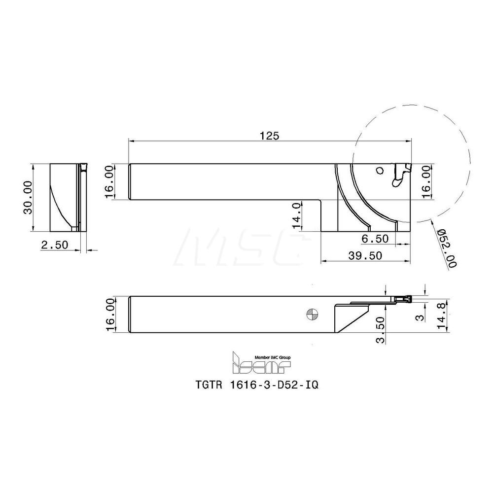 Iscar Indexable Grooving-Cutoff Toolholder: TGTR1616-3D52, 2.5 to 3.5 mm Groove Width, 26 mm Max Depth of Cut, Right Hand - 2302445