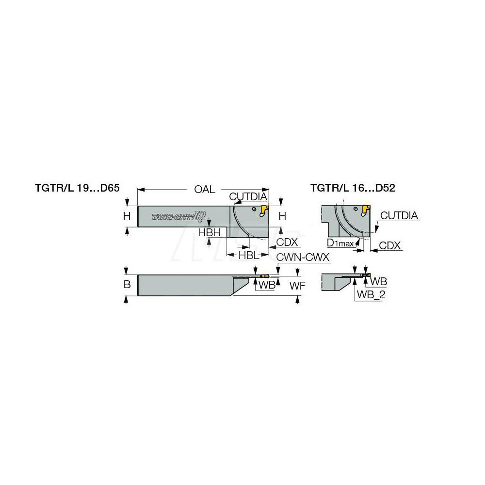 Iscar Indexable Grooving-Cutoff Toolholder: TGTR1616-3D52, 2.5 to 3.5 mm Groove Width, 26 mm Max Depth of Cut, Right Hand - 2302445