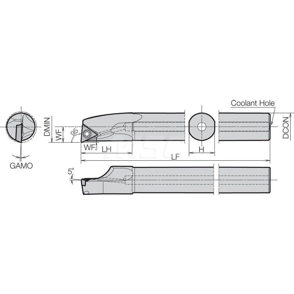 Kyocera Indexable Boring Bar: A06MSTLPR2AE, 0.4800" Min Bore, Right Hand, 5 deg Lead, Steel - THC14023