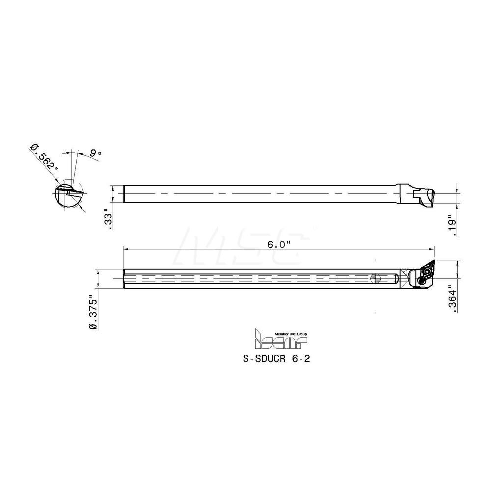 Iscar Indexable Boring Bar: S-SDUCR 6-2, 0.5620" Min Bore, Right Hand, Steel - 3601972