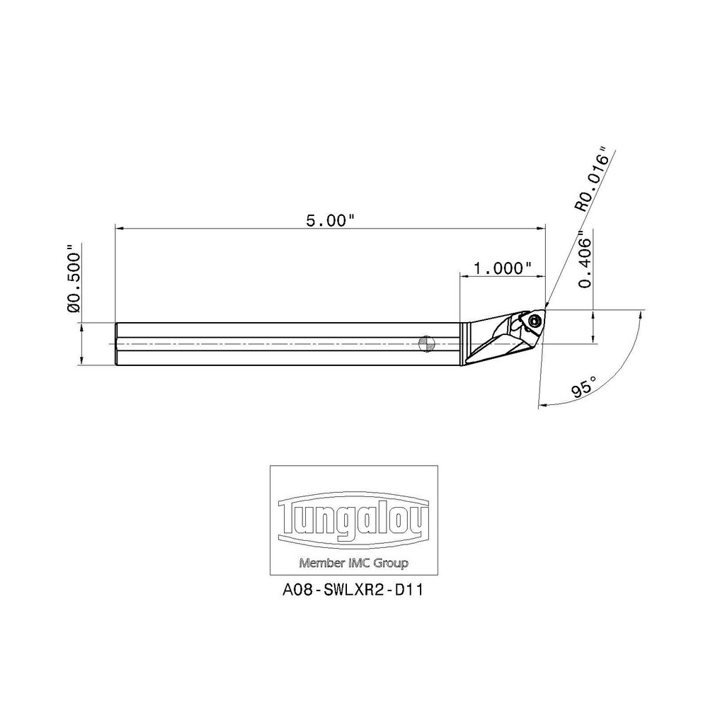 Tungaloy Indexable Boring Bar: A08-SWLXR2-D11, 0.6880" Min Bore, 95 deg Lead, Steel - 6990697