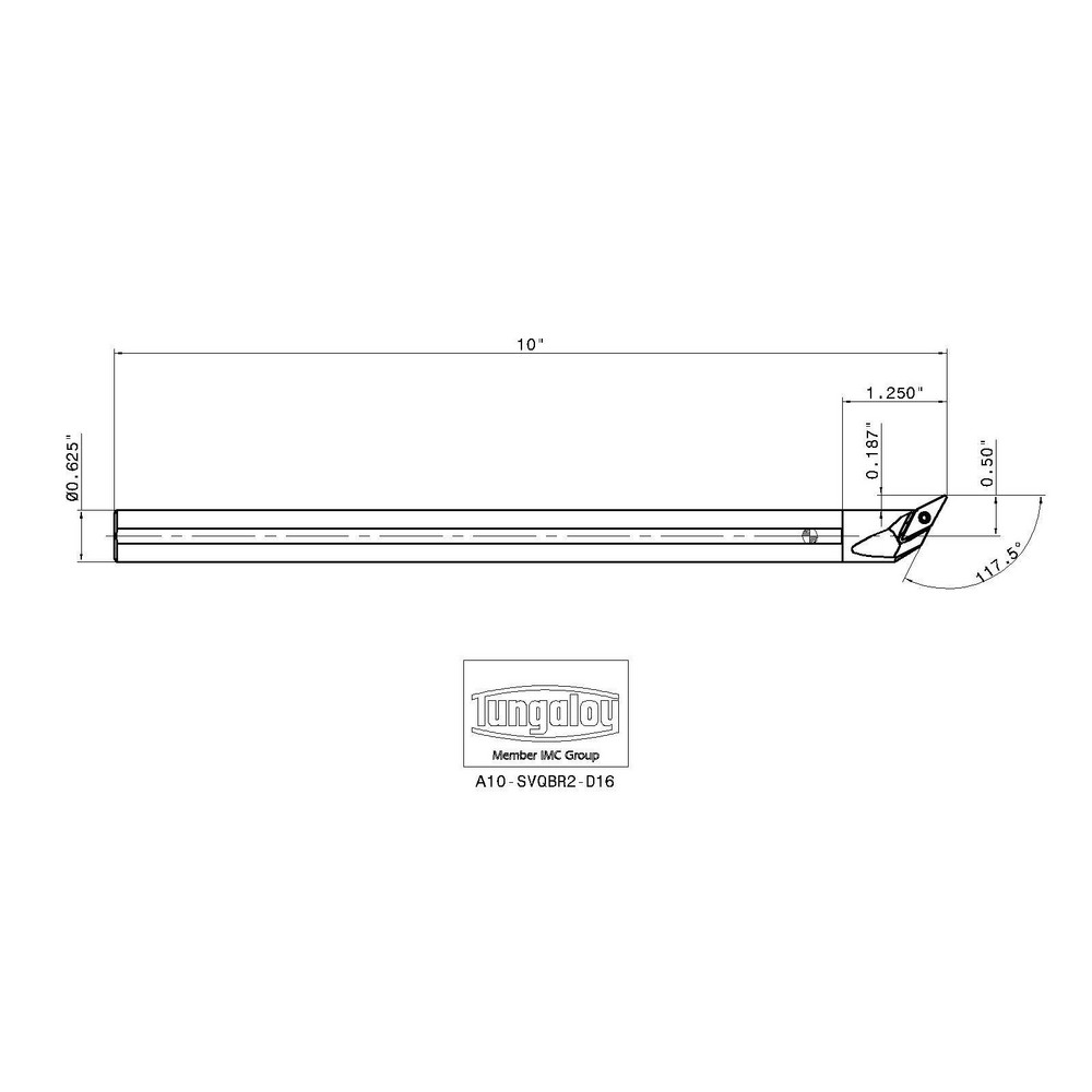Tungaloy Indexable Boring Bar: A10K-SDQCL07-D130, 13.00 mm Min Bore, Left Hand, 10.00 mm Shank Dia, 107.5 deg Lead, Steel (Shank) - 6849559