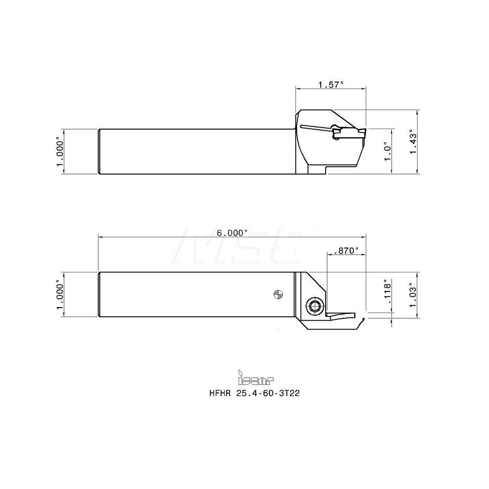 Iscar Indexable Grooving Toolholder: HFHR 25.4-60-3T22, External, Right Hand, 2.96" Max Workpiece Dia - 2500097