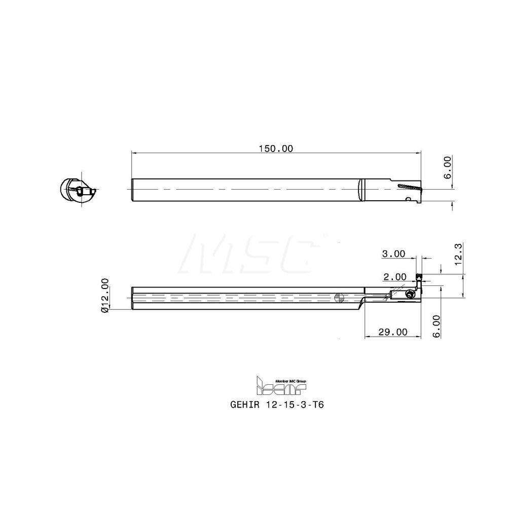 Iscar Indexable Boring Bar: GEHIR12-15-3T6, 15 mm Min Bore Dia, Right Hand Cut, 12 mm Shank Dia, Steel - 2801896
