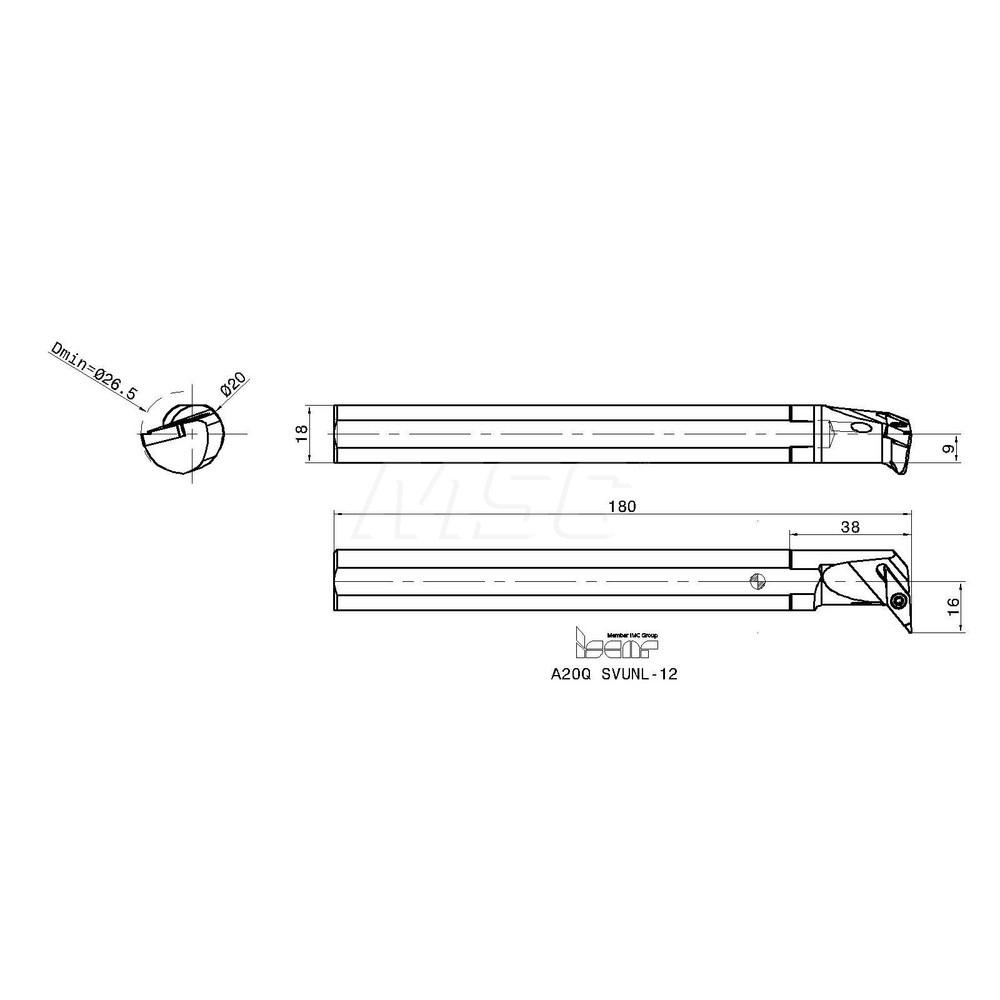 Iscar Indexable Boring Bar: A20QSVUNL-12, 26.50 mm Min Bore, Left Hand, 20.00 mm Shank Dia - 3601169