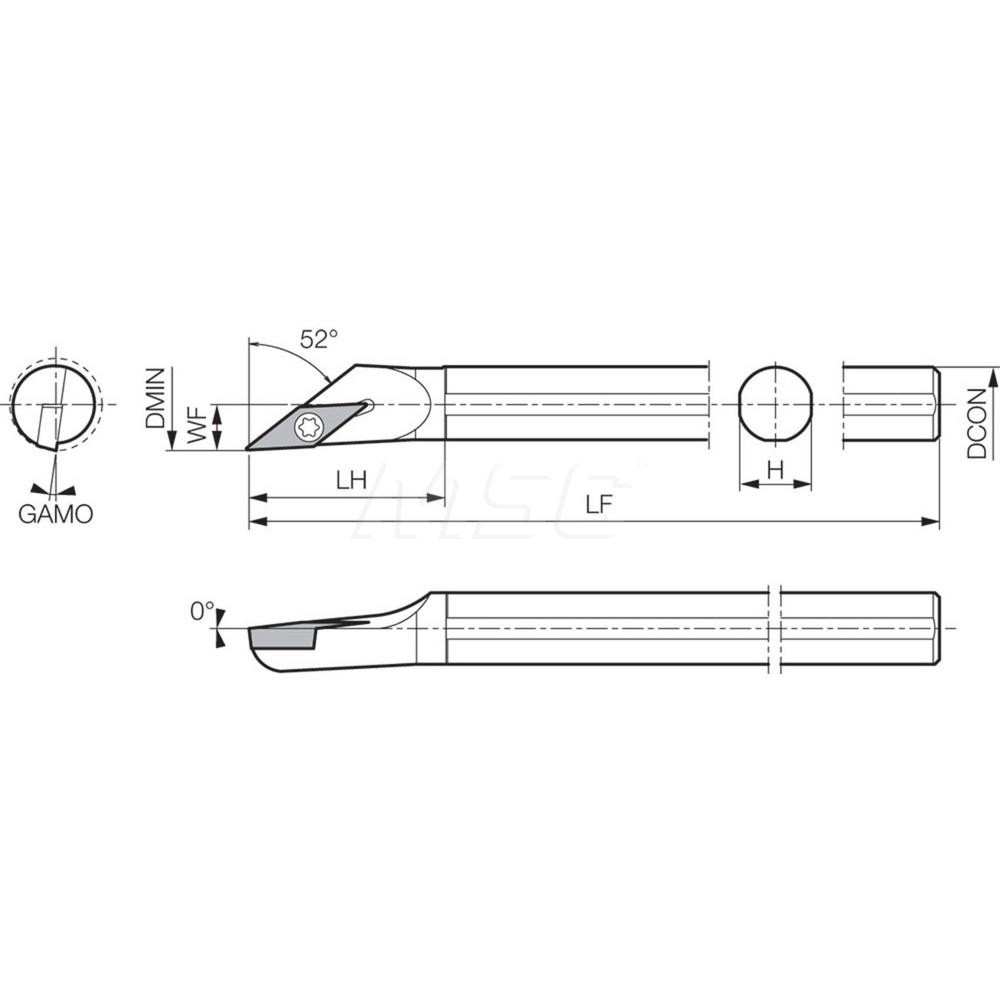 Kyocera Indexable Boring Bar: S10XSVJBL2, 0.78" Min Bore Dia, Left Hand Cut, 5/8" Shank Dia, 52 ° Lead Angle, Steel - THC89314