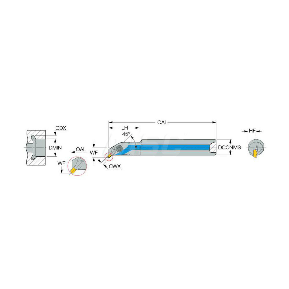 Iscar Indexable Boring Bar: GEHIUR 16U, 16 mm Min Bore Dia, Right Hand Cut, 16 mm Shank Dia, 45 ° Lead Angle - 2801202