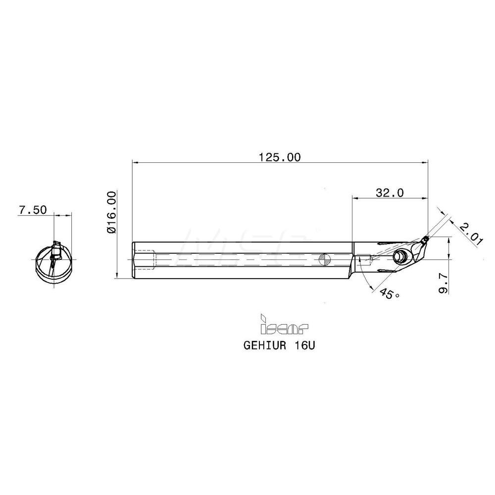 Iscar Indexable Boring Bar: GEHIUR 16U, 16 mm Min Bore Dia, Right Hand Cut, 16 mm Shank Dia, 45 ° Lead Angle - 2801202