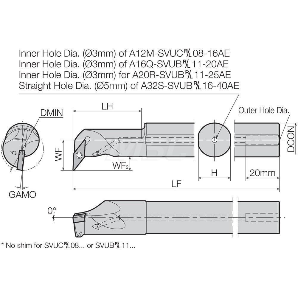 Kyocera Indexable Boring Bar: A12SSVUBR2AE, 0.9800" Min Bore, Right Hand, 3 deg Lead, Steel - THC14051
