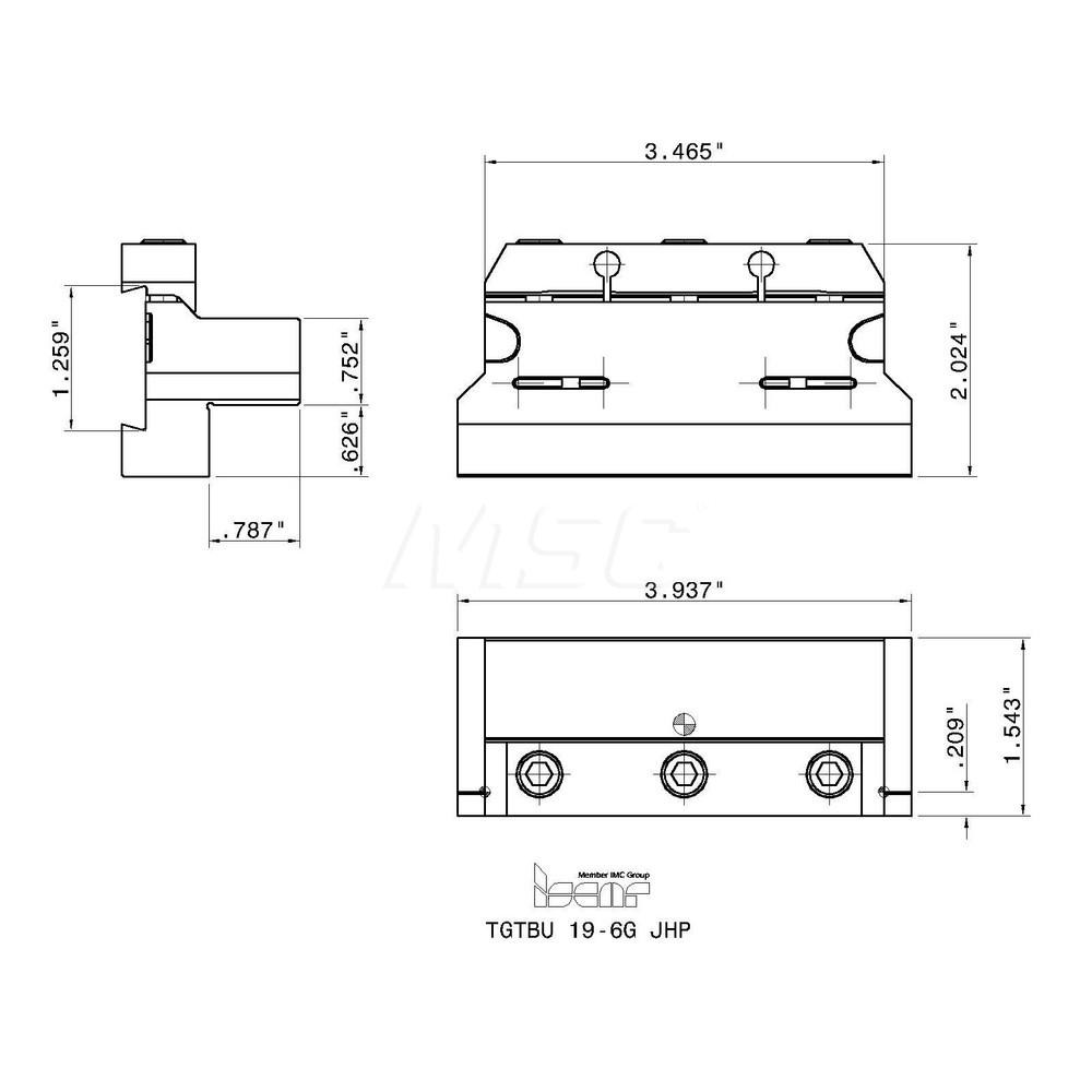 Iscar Tool Block Style TGTBU, 1.26" Blade Height, 3.937" OAL, 2.03"& OAH, Indexable Cutoff Blade Tool Block - 2302499