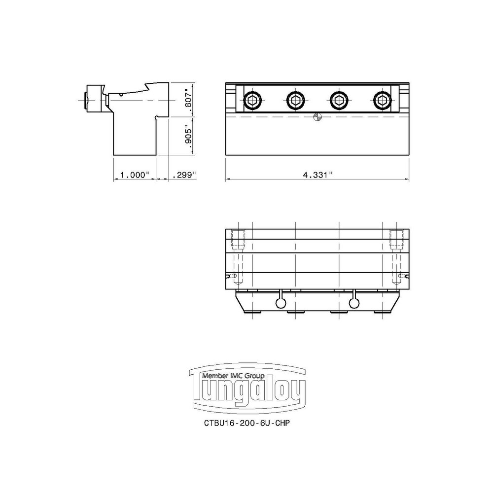 Tungaloy Tool Block Style CTBU-CHP, 4.331" OAL, Indexable Cutoff Blade Tool Block - 6734895