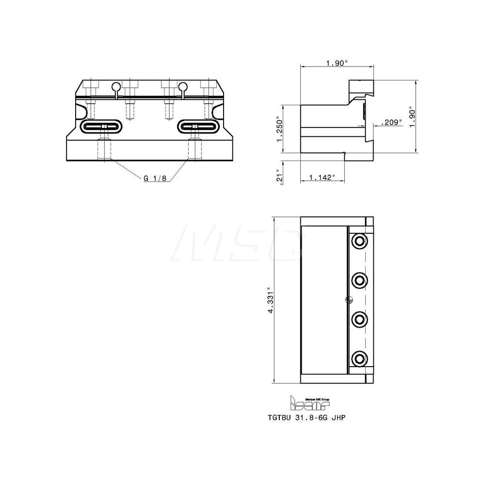 Iscar Tool Block Style TGTBU, 1.26" Blade Height, 4.331" OAL, 2.11"& OAH, Indexable Cutoff Blade Tool Block - 2302501