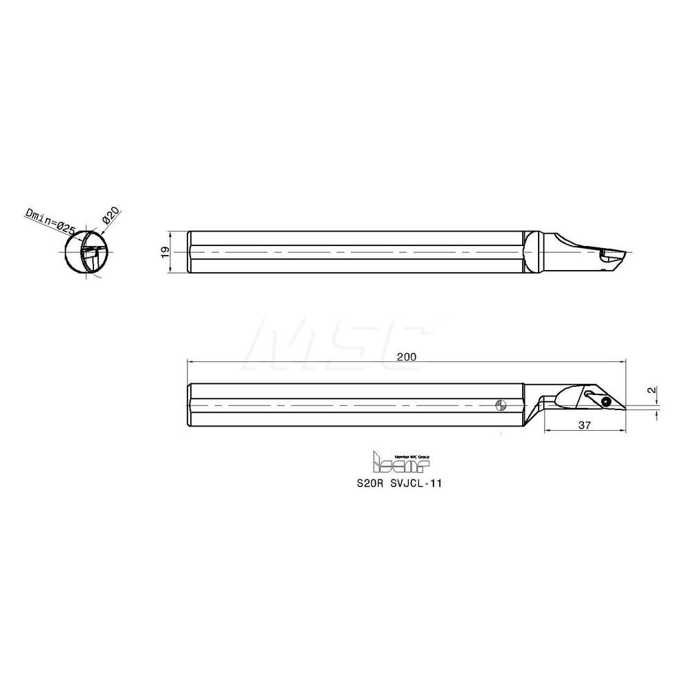 Iscar Indexable Boring Bar: S20RSVJCL11, 25.00 mm Min Bore, Left Hand, 20.00 mm Shank Dia, Steel - 3695714