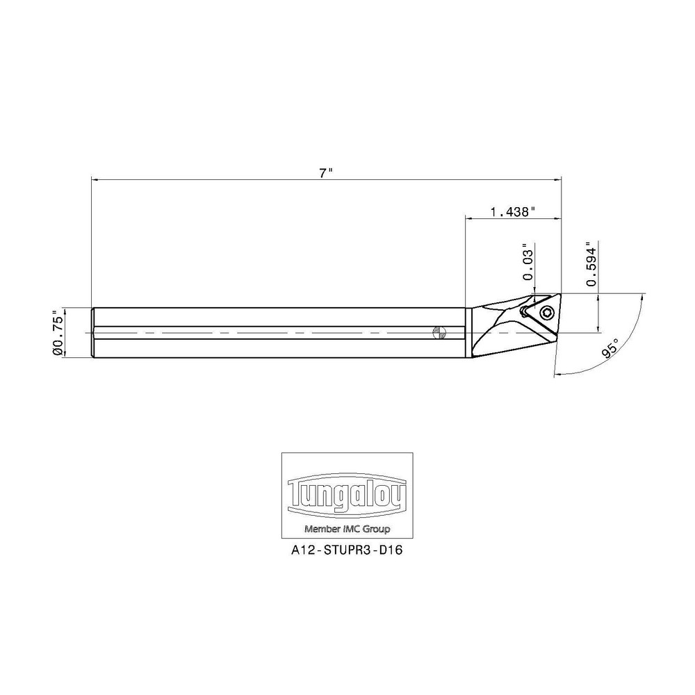 Tungaloy Indexable Boring Bar: A12-STUPR3-D16, 1" Min Bore, 3/4" Shank Dia, 95 deg Lead, Steel - 6862405