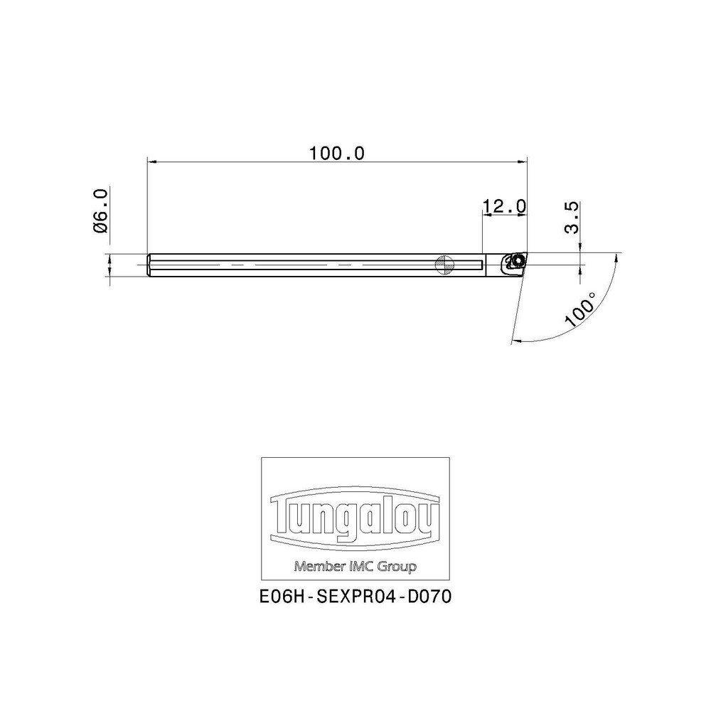 Tungaloy Indexable Boring Bar: E06H-SEXPR04-D070, 7.00 mm Min Bore, 6.00 mm Shank Dia, 100 deg Lead, Solid Carbide - 6862285