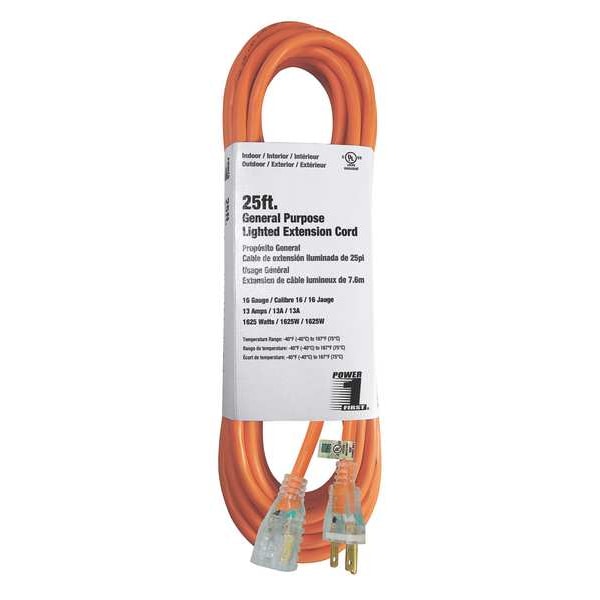Power First SJTW Extension Cord, 16 AWG, Outdoor, 16/3, 1 Outlets, 5-15R, Orange, PVC, 5-15P, 25 ft - 3EA98