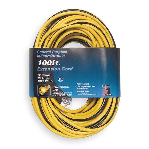 Power First Lighted Extension Cord, 12 AWG, 100 ft, 3 Conductors, SJTW, 125V AC, NEMA 5-15, Yellow/Black Stripe - 1FD57