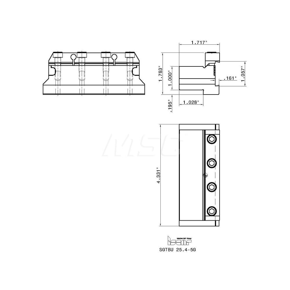 Iscar Tool Block Style SGTBU, 1.02" Blade Height, 4.33" OAL, 1-3/4" OAH, Indexable Cutoff Blade Tool Block - 2300762
