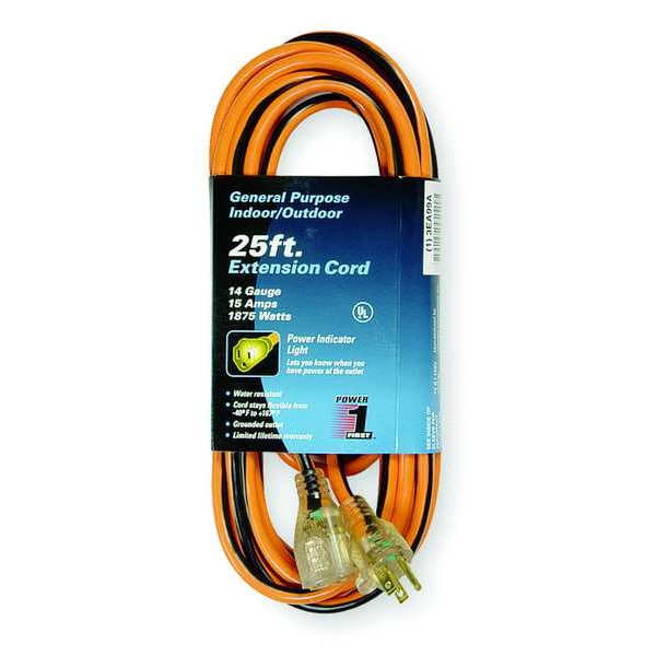 Power First SJTW Extension Cord, 14 AWG, Outdoor, 14/3, 1 Outlets, 5-15R, Orange with Black Stripe, PVC, 5-15P - 3EA99