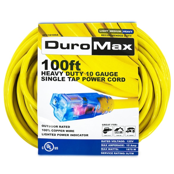 Duromax SJTW Extension Cord, 10 AWG, Outdoor, 1 Outlets, Yellow, 100 ft - XPC10100A