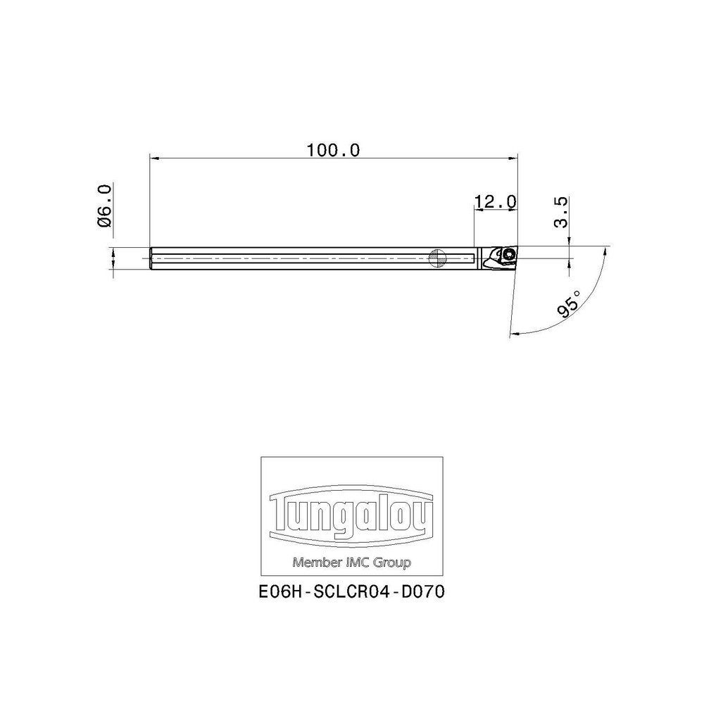 Tungaloy Indexable Boring Bar: E06H-SCLCR04-D070, 7.00 mm Min Bore, 6.00 mm Shank Dia, 95 deg Lead, Solid Carbide - 6862291