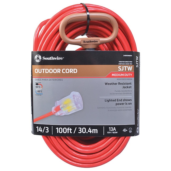 Southwire SJTW Extension Cord, 14 AWG, Outdoor, 14/3, 1 Outlets, 5-15R, Red, PVC, 5-15P, 100 ft - 2489SW8804