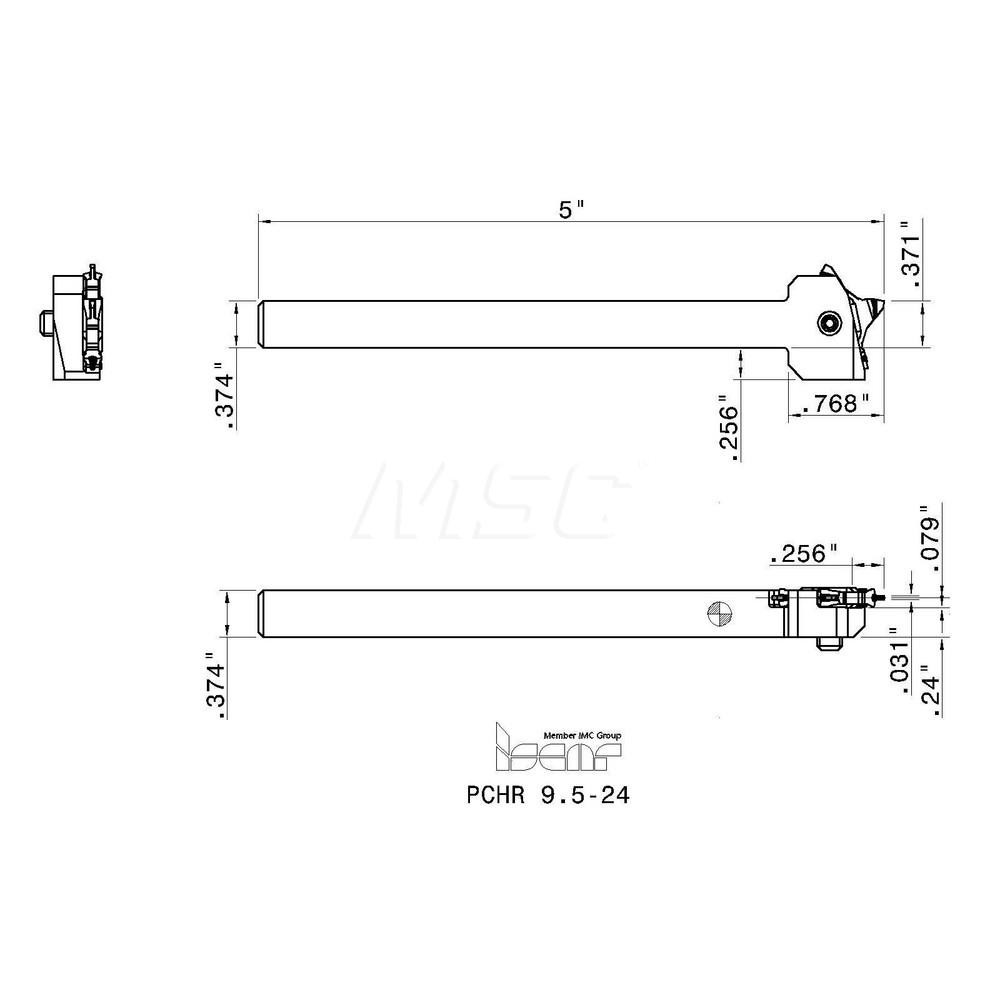 Iscar Indexable Grooving-Cutoff Toolholder: PCHR9.5-24, 0.5 mm Min Groove Width, 6.5 mm Max Depth of Cut, Right Hand - 2393364