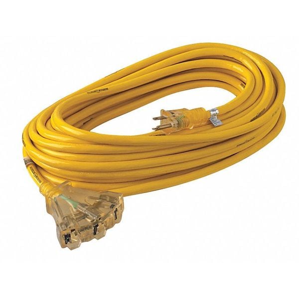 Zoro Select SJTW Extension Cord, 12 AWG, Outdoor, 12/3, 3 Outlets, 5-15R, Yellow, PVC, 5-15P, 100 ft - 9AD35ID