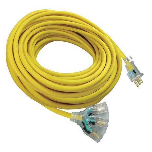 Zoro Select SJTW Extension Cord, 12 AWG, Outdoor, 12/3, 3 Outlets, 5-15R, Yellow, PVC, 5-15P, 100 ft - 9AD35ID