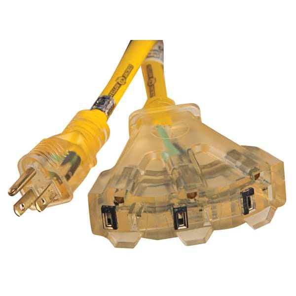 Zoro Select SJTW Extension Cord, 12 AWG, Outdoor, 12/3, 3 Outlets, 5-15R, Yellow, PVC, 5-15P, 100 ft - 9AD35ID