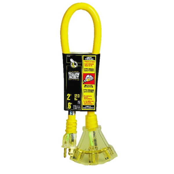 Yellow Jacket SJTW Extension Cord, 12 AWG, 12/3, Yellow, 2 ft - 2882AC