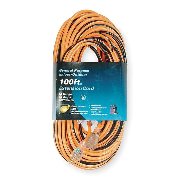 Power First SJTW Extension Cord, 14 AWG, Outdoor, 14/3, 1 Outlets, 5-15R, Orange with Black Stripe, PVC, 5-15P - 1FD56
