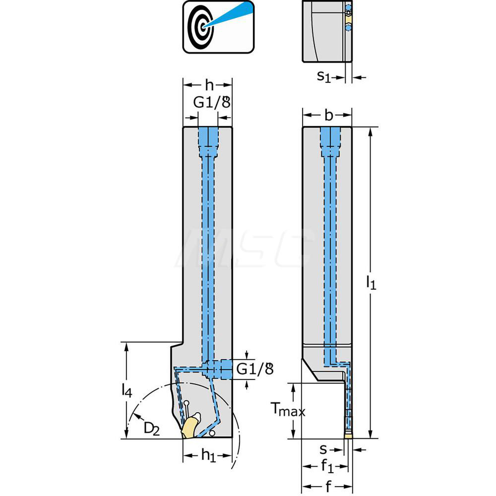 Walter Indexable Grooving-Cutoff Toolholder: G2012.16R-3T33SX-P, 0.118" Max Groove Width, 1.102" Max Depth of Cut, Right Hand - 6424517