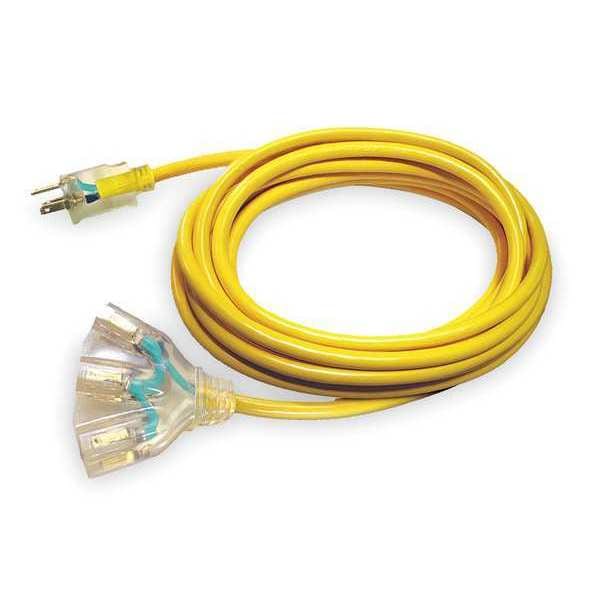 Power First SJTOW Extension Cord, 14 AWG, Outdoor, 14/3, 3 Outlets, 5-15R, Yellow, PVC, 5-15P, 25 ft - 4GAC8
