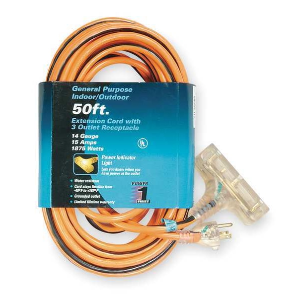 Power First SJTW Extension Cord, 14 AWG, Outdoor, 14/3, 3 Outlets, 5-15R, Orange with Black Stripe, PVC, 5-15P - 1FD66