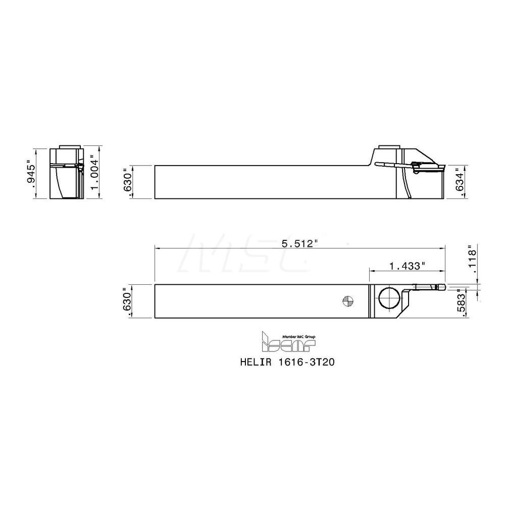 Iscar Indexable Grooving Toolholder:  HELIR 1616-3T20, 0.1252" Max Groove Width - 2500561