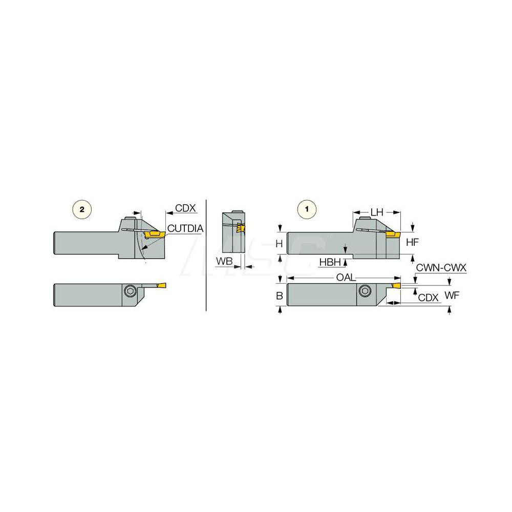 Iscar Indexable Grooving Toolholder:  HELIR 1616-3T20, 0.1252" Max Groove Width - 2500561
