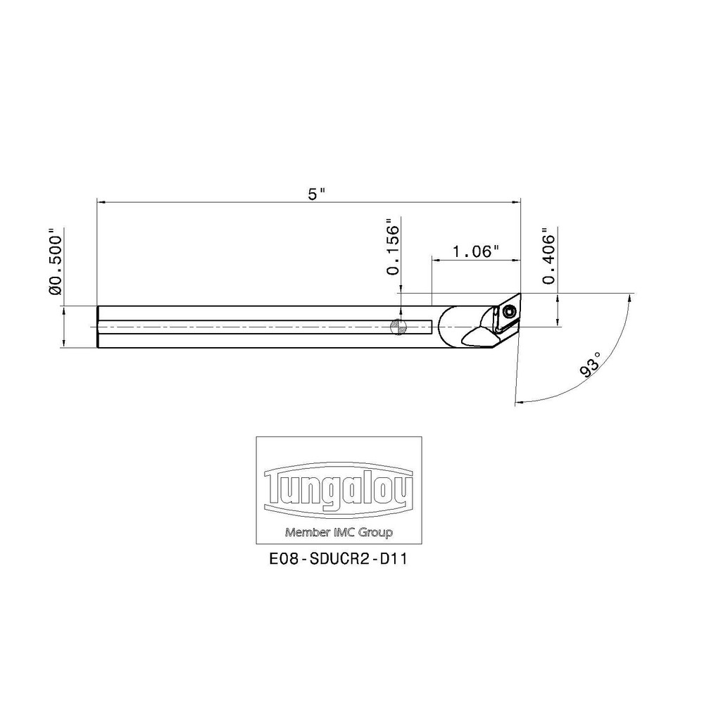 Tungaloy Indexable Boring Bar: E08-SDUCR2-D11, 0.6880" Min Bore, 93 deg Lead, Solid Carbide - 6850443