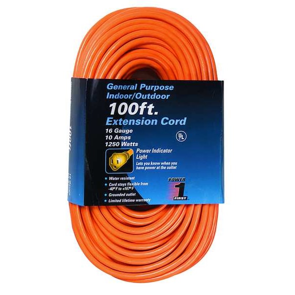 Power First SJTW Extension Cord, 16 AWG, Outdoor, 16/3, 1 Outlets, 5-15R, Orange, PVC, 5-15P, 100 ft - 1FD54
