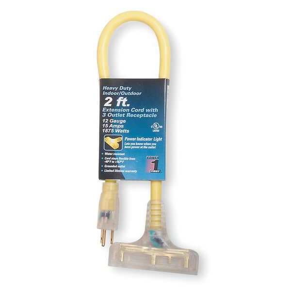 Power First STW Extension Cord, 12 AWG, Outdoor, 12/3, 3 Outlets, 5-15R, Yellow, PVC, 5-15P, 2 ft - 4DB72