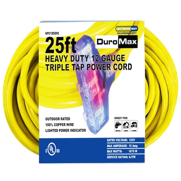 Duromax SJTW Extension Cord, 12 AWG, Outdoor, 3 Outlets, Yellow, 25 ft - XPC12025C